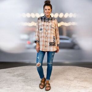 Upcycled Flannel Shirt with patches, ruffle cuffs, size extra large